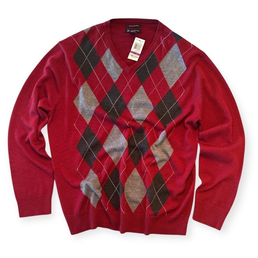 Men's‎ V-Neck Wool Sweater XXL Italian Spun Argyle Red Maraschino Italian NWT